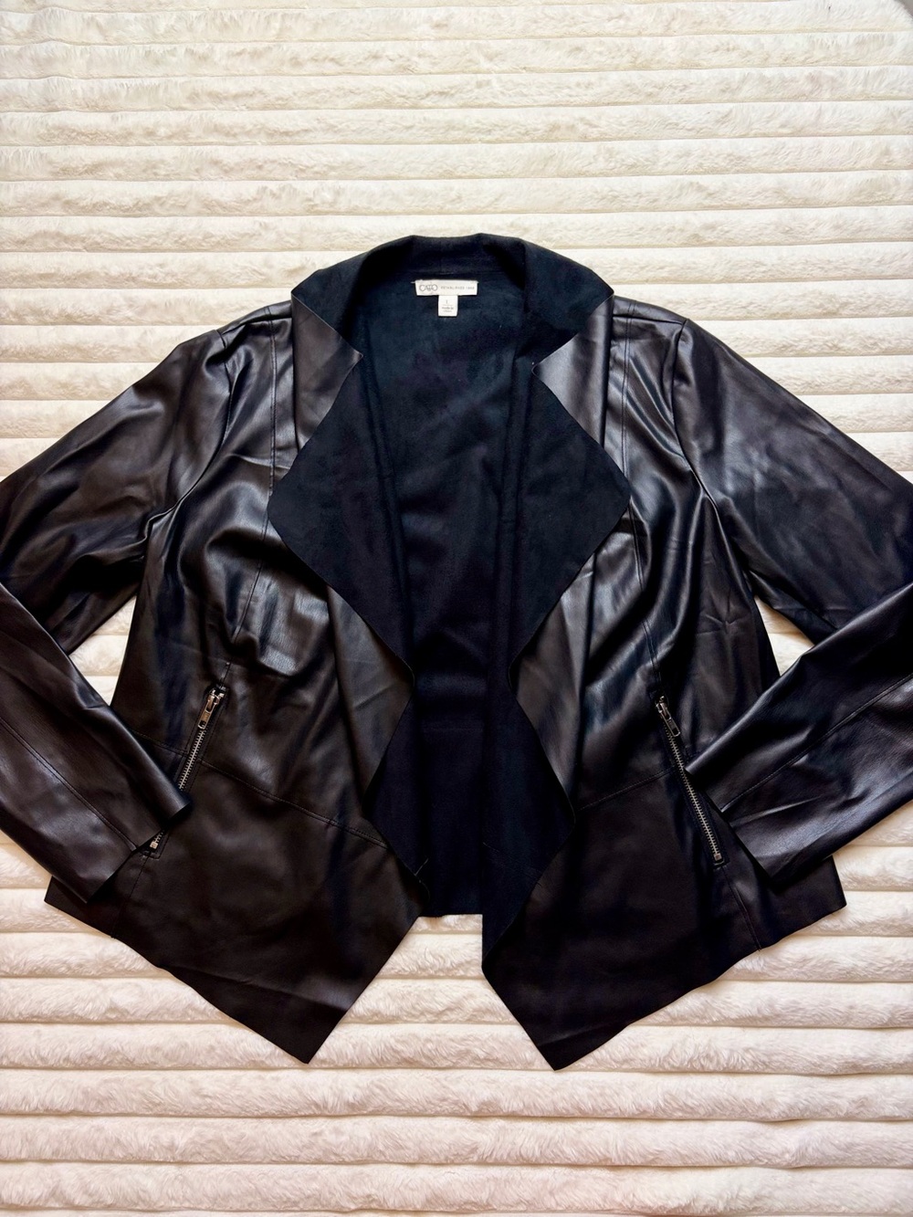 Cato Black Faux Leather Draped Open-Front Jacket